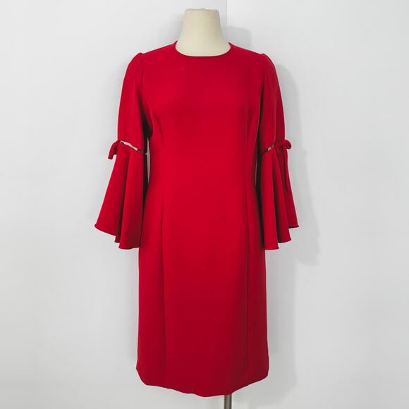 Oscar de la Renta Wool Silk Mini Sheath Dress Flared Sleeves Red Size 16 - Picture 2 of 16